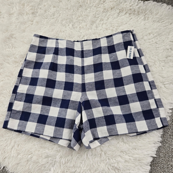 Old Navy Pants - Old Navy High Rise Linen Cotton Blend Plaid Blue White Shorts. Size 14. Side zip
